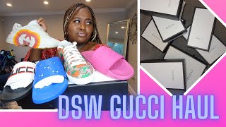 DSW Gucci Shoe Haul Unboxing  Couponing Designer Items  50 off Gucci Shoes  Gucci Slides Sizing [upl. by Onida]