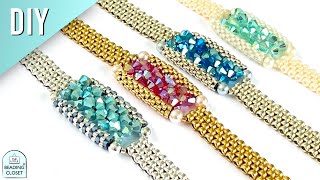 How to make a custom beaded bracelet with 4 mm bicone crystals and seed beads using peyote stitch [upl. by Enilaf]