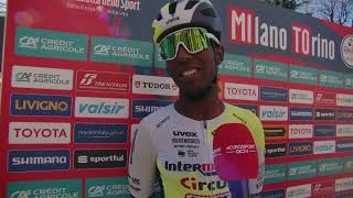 Biniam Girmay  Interview at the start  MilanoTorino 2023 [upl. by Redna]