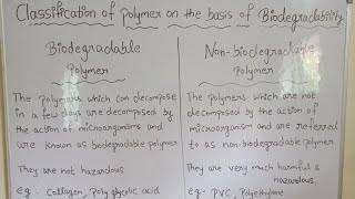 classification of polymer on the basis of biodegradability class 12 part 7 [upl. by Mignon]