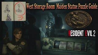 Resident Evil 2 Remake 1st Scenario West Storage Room Maiden Statue Puzzle Guide [upl. by Uzzia942]