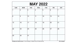 Printable May 2022 Calendar Templates with Holidays  Wiki Calendar [upl. by Janik]