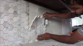 How to Install Backsplash In Kitchen 3 inch Hexagon Mosaic Tile [upl. by Kerrill]