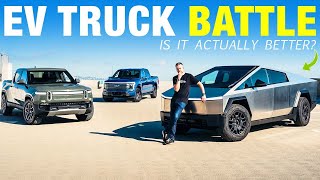 Tesla Cybertruck vs Rivian R1T vs Ford F150 Lightning  Electric Pickup Truck Comparison [upl. by Helali]