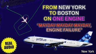 MAYDAY Engine failure JetBlue A320 goes to Boston from New York only on one engine Real ATC [upl. by Llednor635]