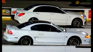 Mercedes E43 AMG vs American Muscle Cars Drag Racing Chicago Raceway [upl. by Ariaec]