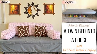 How to convert a Twin bed into a couch  DIY fabric cover buttons  Tufting basics [upl. by Winsor]