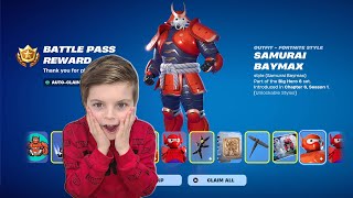 My 11 Year Old Kid Reaction Giving Him NEW Fortnite Battle Pass Tier 100 Skin Unlocking HERO 6 Skin [upl. by Ydnal]