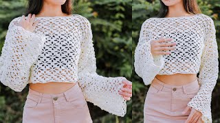 Crochet Floral Lace Sweater Tutorial  Crochet Floral Lace Blouse  Chenda DIY [upl. by Mia]