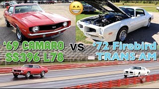 1972 Firebird Trans Am vs 1969 Camaro SS  PURE STOCK DRAG RACE single heads up [upl. by Marleen]