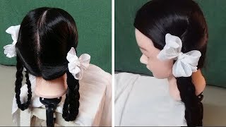 HOW TO MAKE TWO PLAITS FOR SCHOOL GIRLS WITH RIBBON Indian Village Hairstyles [upl. by Adnuhsed]