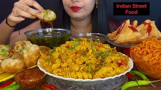 INDIAN STREET FOOD EATING CHALLENGE  PANIPURI  PASTA  SAMOSA  SPICY NOODLES  ASMR MUKBANG [upl. by Landahl]