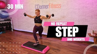 30Minute Step amp Strength NoRepeat Stepper Workout with Weights [upl. by Yule]