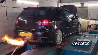 Golf R32 Dyno Huge Flames  Over Run Remap  Pops amp Bangs Exhaust [upl. by Brass]