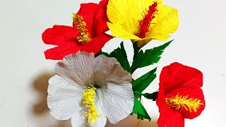 DIY Crepe Paper Hibiscus Flowers  Handmade Flower Craft Idea II Crafty Plus [upl. by Ailadi841]