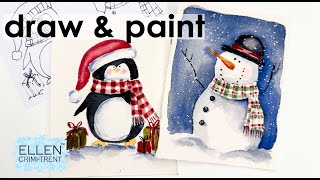 DRAw amp Paint cute Watercolor Christmas cards DIY Christmas Cards [upl. by Ancelin653]