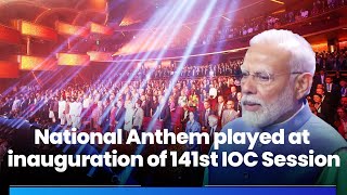 PM Narendra Modi during the National Anthem  141st IOC Session  Jio World Centre Mumbai [upl. by Peale698]