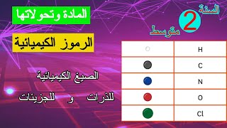 الرموز الكيميائية للذرات والجزيئات  المادة وتحولاتها  دروس السنة 2 متوسط 2021 [upl. by Dunstan]