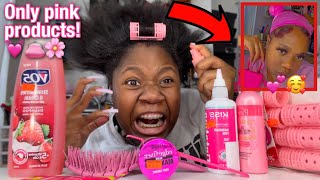 Doing my Damage hair Only Using PINK hair Products [upl. by Lednic]