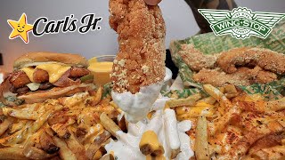 MUKBANG EATING WINGSTOP SAUCY VOODOO FRIES GARLIC PARMESAN CHICKEN CARLS JR EL DIABLO BURGER ASMR [upl. by Pacheco]