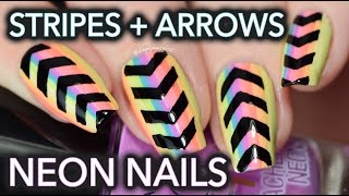 Funky neon nail art with stripes and arrows [upl. by Ahsimal76]