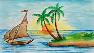 How to draw scenery of Island with water colour step by step [upl. by Dlareme390]