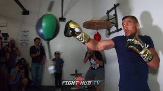 VASYL LOMACHENKO WORKING THE DOUBLE END BAG AS HE FINALIZES TRAINING FOR JORGE LINARES [upl. by Lilac]