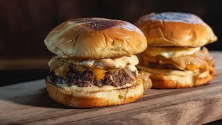 Juicy Beef Burgers with Caramelized Onions and Fried Eggs  Best Burger Recipe [upl. by Boorer]