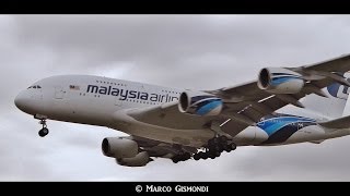 Malaysia Airlines A380841 crosswind landing at Heathrow 27L [upl. by Araf952]