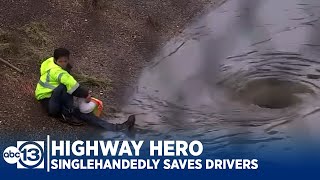 HIGHWAY HERO Faced with flood man singlehandedly saves motorists [upl. by Jobi601]