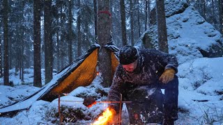 Winter Camping in Snowfall  Forester Tree Hug Tarp Setup  Spit Roast  Bushcraft Bowsaw [upl. by Nomzzaj]