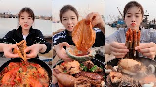 female fishermen eat lobster king crab abalone squid scallop conch starfish razor clamyummy [upl. by Ambrosi487]