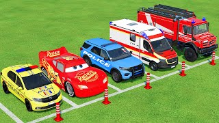 TRANSPORTING POLICE CARS AMBULANCE EMERGENCY WITH MAN TRUCKS  Farming Simulator 22 [upl. by Offen452]