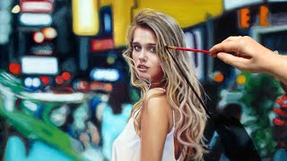 PHOTOREALISTIC OIL PAINTING TIME LAPSE ✦ PORTRAIT ART VIDEO  Woman with City Bokeh Background [upl. by Ardra]