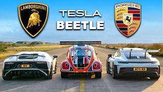 911 GT3 RS v Lambo V12 vs Tesla Beetle DRAG RACE [upl. by Zullo]