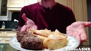 Eating Greek Roasted Burgers with potatoes 3  Panos ASMR Greek Mukbang [upl. by Schulman813]