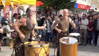 Clanadonia Scottish tribal pipes amp drums playing Jigs live in Perth Scotland Aug 2017 [upl. by Kcirddehs42]