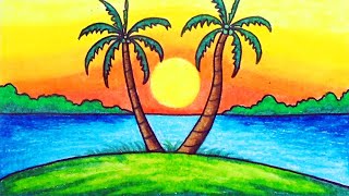 Scenery Drawing  Drawing Sunset Scenery Step by Step with Oil Pastels [upl. by Colbye]