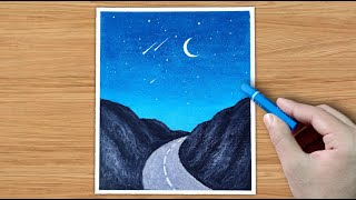 Moonlight scenery drawing with oil pastel  Tutorial shorts [upl. by Vinaya]