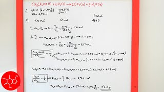 Esercizio di stechiometria C2H6OO2→CO2H2O con reagente limitantedensità Vmolare lezione chimica [upl. by Edward818]