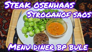 STEAK OSENHAAS MET SAOS STROGANOF SPRUITJES EN ERWTEN MENU DINER BP BULE LONDO [upl. by Htims]