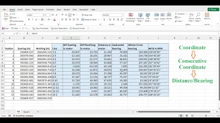 How to calculate distance and bearing from coordinate Northing and Easting in Excel [upl. by Moritz735]