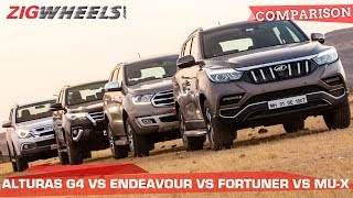 🚙 Mahindra Alturas vs 🚙Ford Endeavour vs 🚙Toyota Fortuner vs Isuzu MUX SUV SMACKDOWN  ZigWheels [upl. by Charlton]