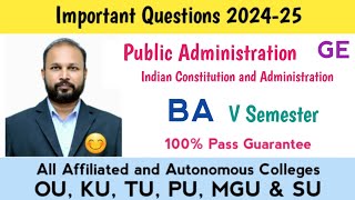 Public Administration Important Questions 202425 BA V Semester 5th Sem GE Imp OU KU PU TU SU MGU [upl. by Assenav]