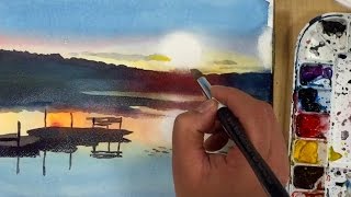 Waterscape 8  Watercolor painting of a lake at sunrise [upl. by Mohn]