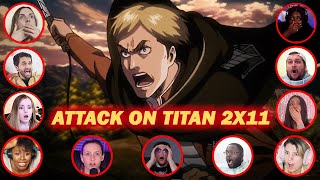 Youtubers react to ERWINS ADVAAANCE Attack On Titan Season 2 Episode 11 [upl. by Anica198]