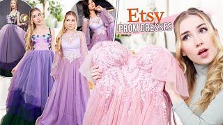 TRYING ON ETSY PROM DRESSES   most beautiful dresses ever [upl. by Aicekat]