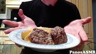 Eating Greek Roasted Burgers with potatoes 4  Panos ASMR Greek Mukbang [upl. by Margareta]