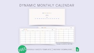 Free  Dynamic Monthly Calendar  Google Sheets Template  Free Template  Instant Download [upl. by Elliott]