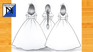 How to draw a three Girl best friend  Very easy sketch for beginner  Girl Friendship drawing [upl. by Idnahs]